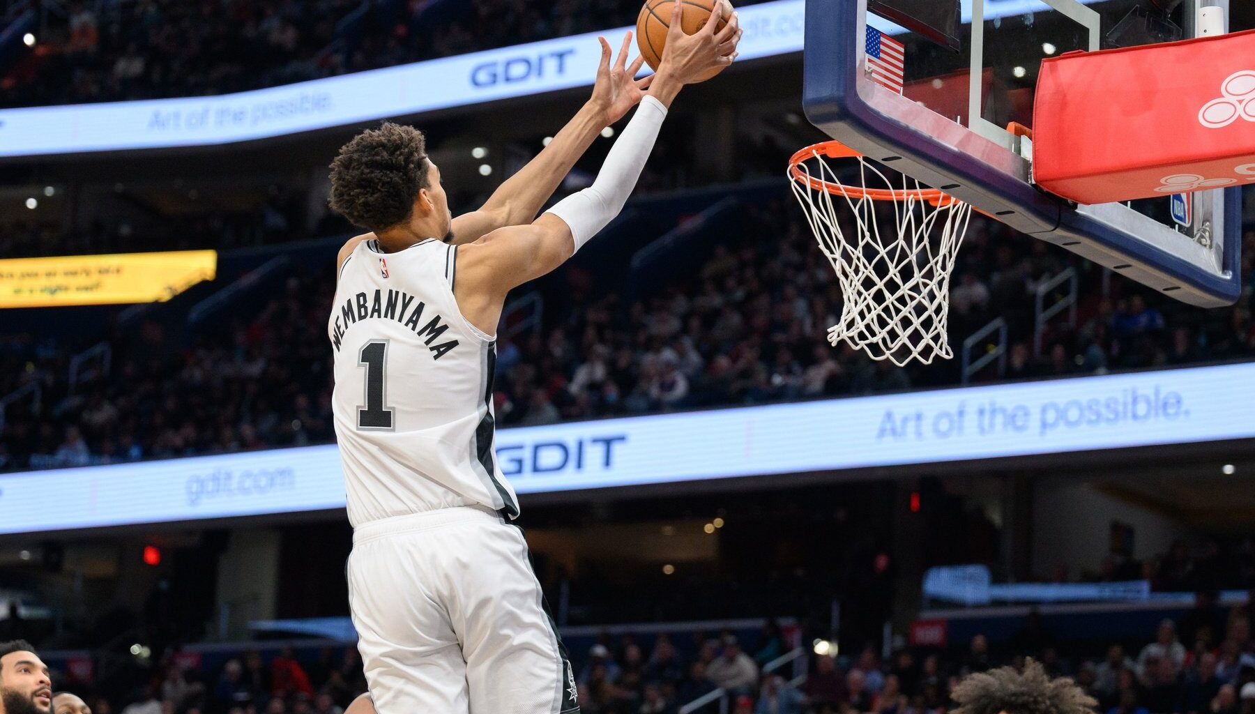 Feb 10, 2025; Washington, District of Columbia, USA; San Antonio Spurs center Victor Wembanyama (1) dunks the ball during the third quarter against the Washington Wizards at Capital One Arena. Mandatory Credit: Reggie Hildred-Imagn Images