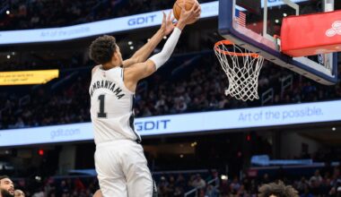 Feb 10, 2025; Washington, District of Columbia, USA; San Antonio Spurs center Victor Wembanyama (1) dunks the ball during the third quarter against the Washington Wizards at Capital One Arena. Mandatory Credit: Reggie Hildred-Imagn Images