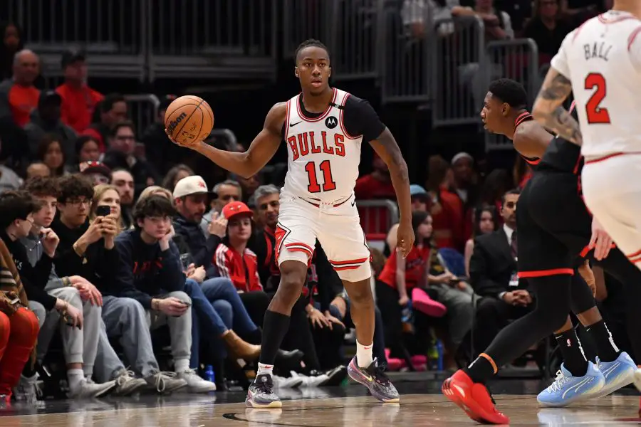 NBA: Toronto Raptors at Chicago Bulls Feb 28, 2025; Chicago, Illinois, USA; Chicago Bulls guard Ayo Dosunmu (11) is seen during a game against the Toronto Raptors at the United Center. Mandatory Credit: Patrick Gorski-Imagn Images