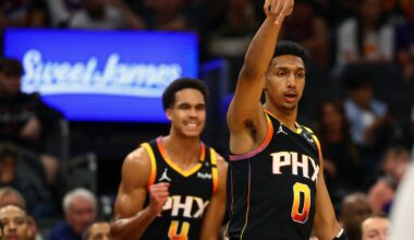 Suns wing Ryan Dunn takes a three against the Thunder during the 2024-25 NBA season.