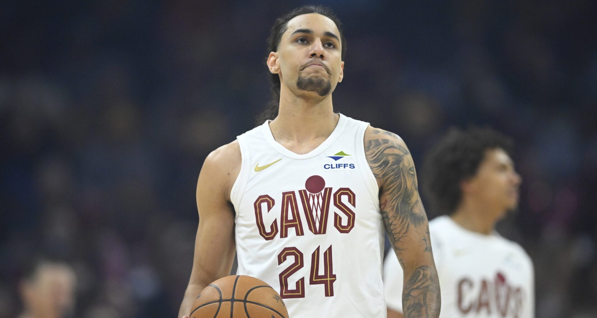 Cavaliers wing Jaylon Tyson reacts to a play against the Pacers during the 2024-25 NBA season.