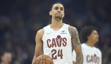 Cavaliers wing Jaylon Tyson reacts to a play against the Pacers during the 2024-25 NBA season.