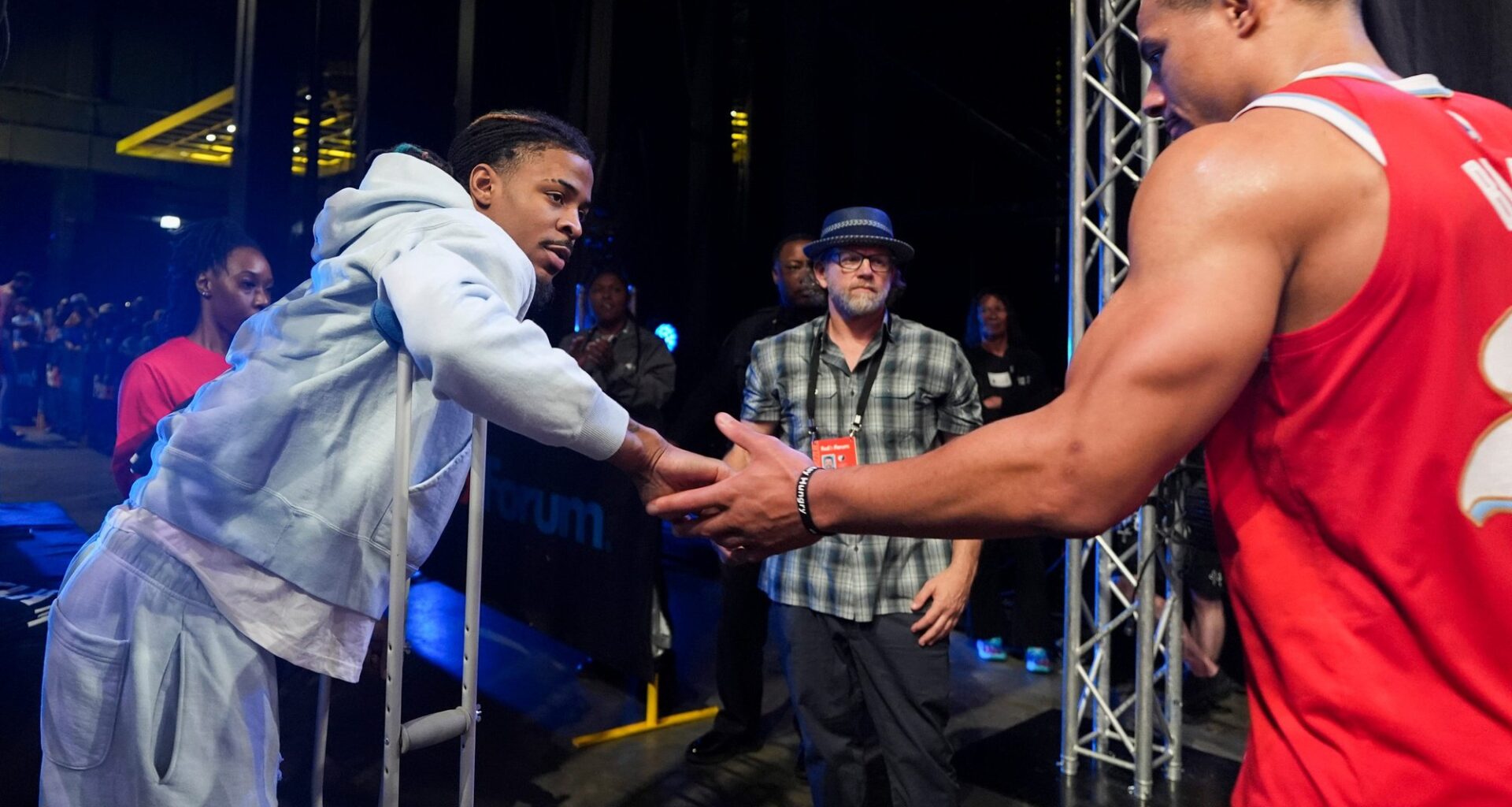 Memphis Grizzlies guard Ja Morant greets Desmond Bane in the tunnel