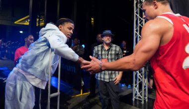 Memphis Grizzlies guard Ja Morant greets Desmond Bane in the tunnel