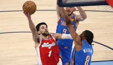 Apr 26, 2025; Memphis, Tennessee, USA; Memphis Grizzlies guard Scotty Pippen Jr. (1) shoots as Oklahoma City Thunder forward Jalen Williams (8) defends during the second quarter during game four for the first round of the 2024 NBA Playoffs at FedExForum. Mandatory Credit: Petre Thomas-Imagn Images