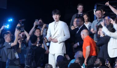 Jun 25, 2025; Brooklyn, NY, USA; Yang Hansen walks to the stage after being selected as the 16th pick by the Memphis Grizzlies in the first round of the 2025 NBA Draft at Barclays Center. Mandatory Credit: Brad Penner-Imagn Images