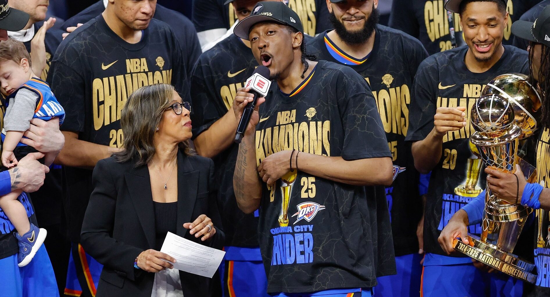 Jun 22, 2025; Oklahoma City, Oklahoma, USA; Oklahoma City Thunder forward Jalen Williams (8) speaks to fans after his team won the NBA Finals against the Indiana Pacers in game seven of the 2025 NBA Finals at Paycom Center. Mandatory Credit: Alonzo Adams-Imagn Images