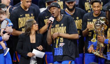 Jun 22, 2025; Oklahoma City, Oklahoma, USA; Oklahoma City Thunder forward Jalen Williams (8) speaks to fans after his team won the NBA Finals against the Indiana Pacers in game seven of the 2025 NBA Finals at Paycom Center. Mandatory Credit: Alonzo Adams-Imagn Images