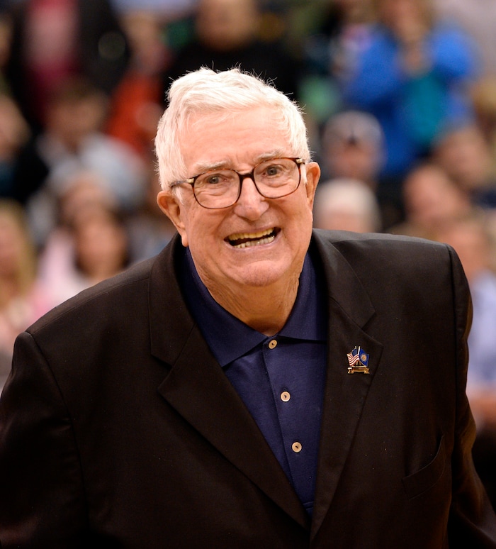 (Rick Egan  | The Salt Lake Tribune) Former Utah Jazz coach Frank Layden is introduced along with fellow coaches and former players from the 1983-84 team, for '80's night, between quarters of the The Utah Jazz, Orlando Magic game, at EnergySolutions Arena Saturday, March 22, 2014.