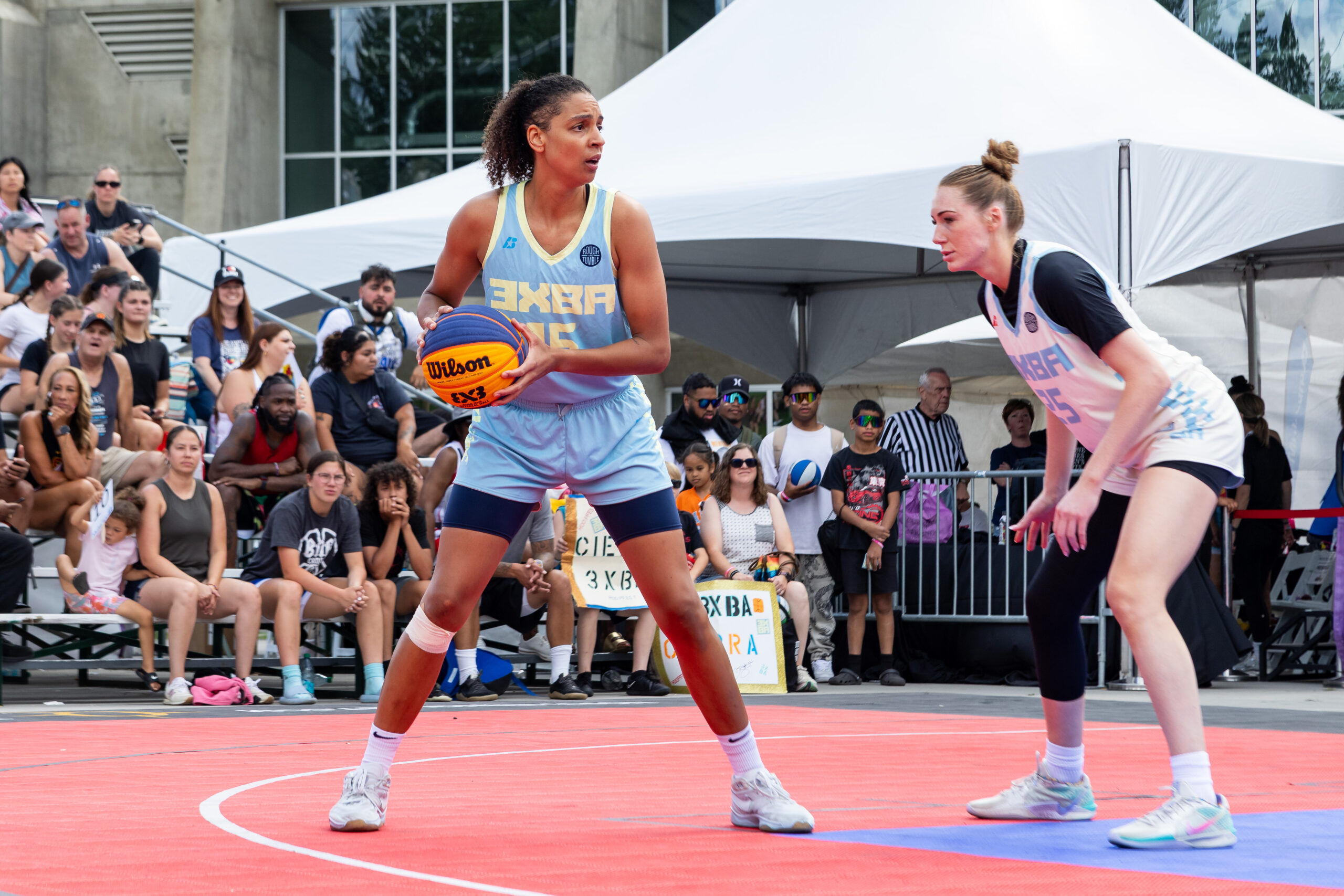 Cierra Burdick holds the ball while being guarded by a defender during the 3XBA basketball tournament in Spokane, WA on June 28, 2025. (Photo Credit: Keith Webber | 3XBA)