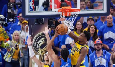 Oklahoma City Thunder forward Jalen Williams (8) drives for a lay-up as Indiana Pacers guard Bennedict Mathurin (00) defends during the second half of game seven of the 2025 NBA Finals at Paycom Center.
