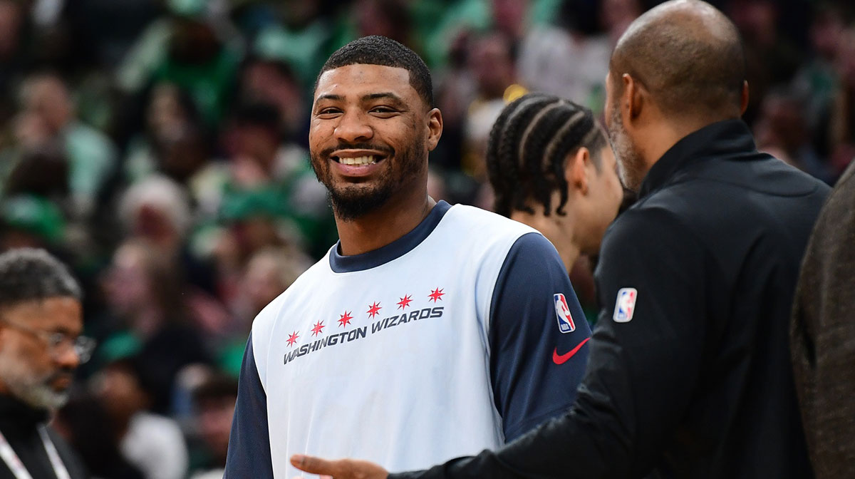 Wizards guard Marcus Smart (36) smiles during a timeout in the first half again the Boston Celtics at TD Garden