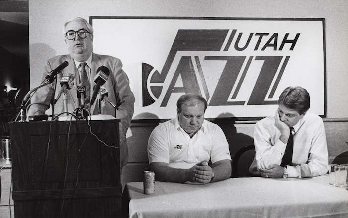 (Tribune file photo) Frank Layden announces he is stepping down as head coach of the Utah Jazz while Larry H. Miller, center, and Dave Checketts listen.