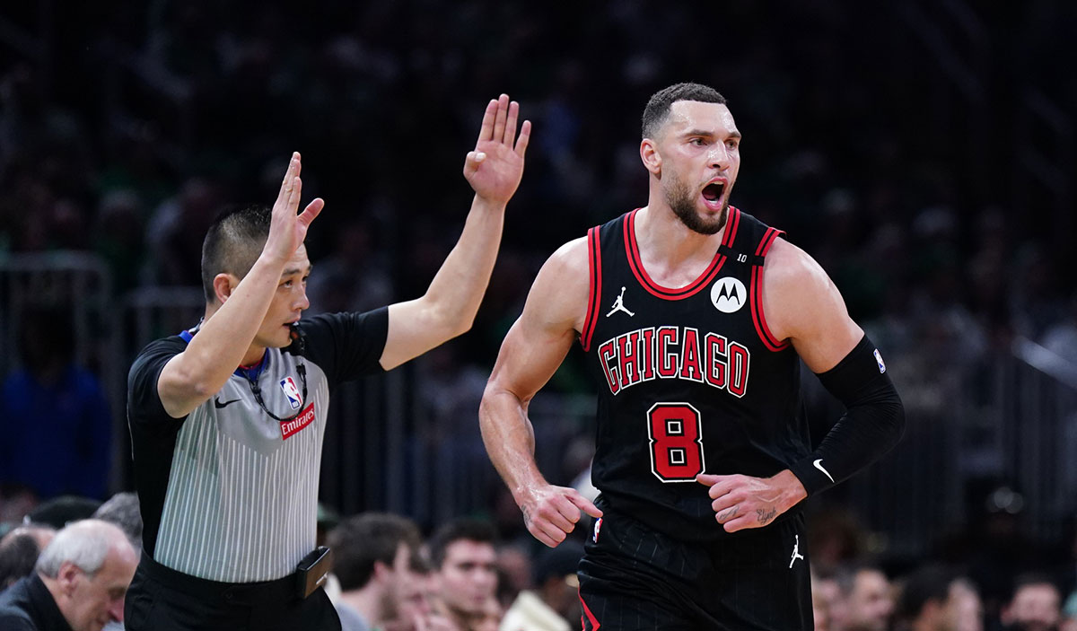 Chicago Bulls guard Zach LaVine (8) reacts after his three point basket against the Boston Celtics in the second quarter at TD Garden.