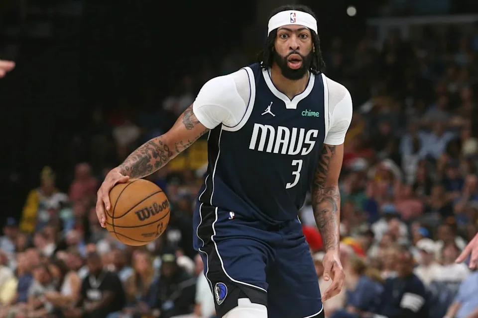 Apr 18, 2025; Memphis, Tennessee, USA; Dallas Mavericks forward Anthony Davis (3) dribbles during the second quarter against the Memphis Grizzlies at FedExForum. Mandatory Credit: Petre Thomas-Imagn ImagesMandatory Credit: Petre Thomas-Imagn Images