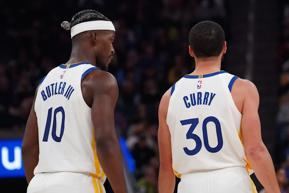 Mar 8, 2025; San Francisco, California, USA; Golden State Warriors forward Jimmy Butler III (10) talks with guard Stephen Curry (30) during a game against the Detroit Pistons in the second quarter at Chase Center. Mandatory Credit: David Gonzales-Imagn Images© David Gonzales-Imagn Images