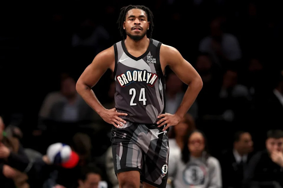 Feb 28, 2025; Brooklyn, New York, USA; Brooklyn Nets guard Cam Thomas (24) reacts during the second quarter against the Portland Trail Blazers at Barclays Center. Mandatory Credit: Brad Penner-Imagn ImagesMandatory Credit&colon; Brad Penner-Imagn Images