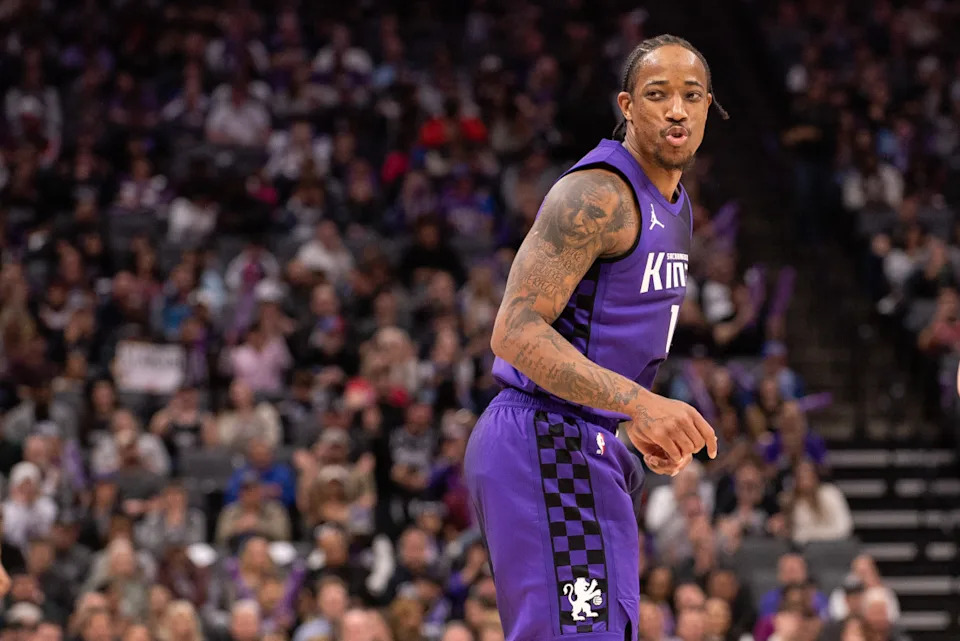 Sacramento Kings forward DeMar DeRozan (10) reacts during a game.Ed Szczepanski-Imagn Images