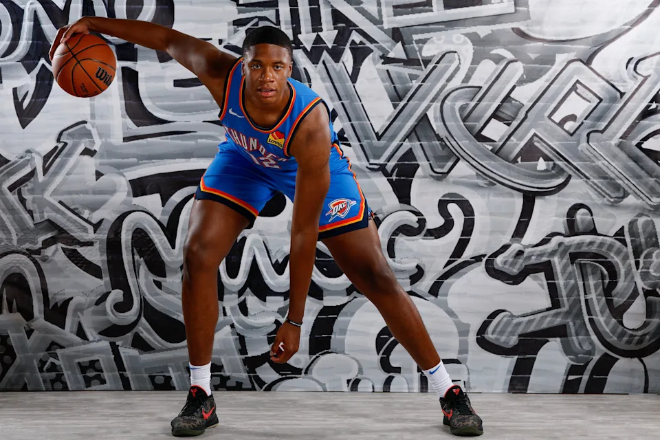 LAS VEGAS, NEVADA - JULY 16: Thomas Sorber #12 of the Oklahoma City Thunder poses for a portrait during the 2025 NBA Rookie Photo Shoot at UNLV on July 16, 2025 in Las Vegas, Nevada. NOTE TO USER: User expressly acknowledges and agrees that, by downloading and or using this photograph, User is consenting to the terms and conditions of the Getty Images License Agreement (Photo by Harry How/Getty Images)