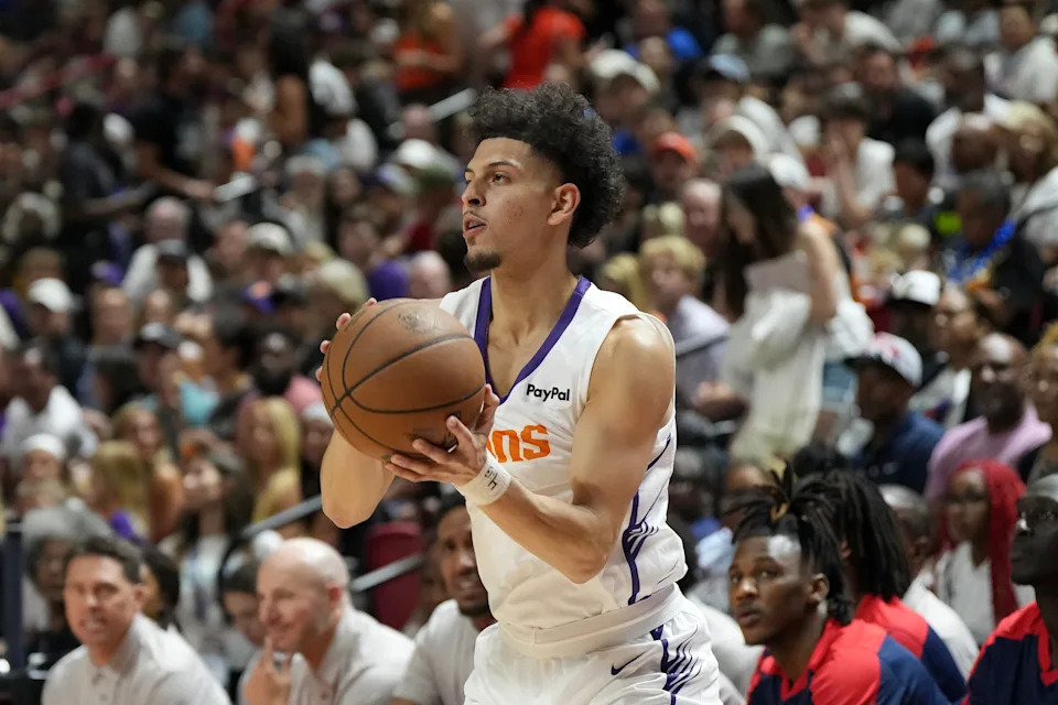 Koby Brea #14 of the Phoenix Suns prepares to shoot against the Washington Wizards in the first half of a 2025 NBA Summer League game at the Thomas & Mack Center on July 11, 2025, in Las Vegas. The Suns defeated the Wizards 103-84.