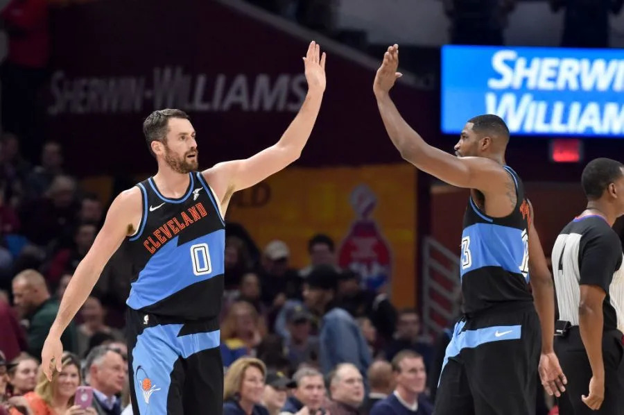 CLEVELAND, OHIO – OCTOBER 26: Kevin Love #0 celebrates with Tristan Thompson #13 of the Cleveland Cavaliers during the first half against the Indiana Pacers at Rocket Mortgage Fieldhouse on October 26, 2019 in Cleveland, Ohio. NOTE TO USER: User expressly acknowledges and agrees that, by downloading and/or using this photograph, user is consenting to the terms and conditions of the Getty Images License Agreement. (Photo by Jason Miller/Getty Images)