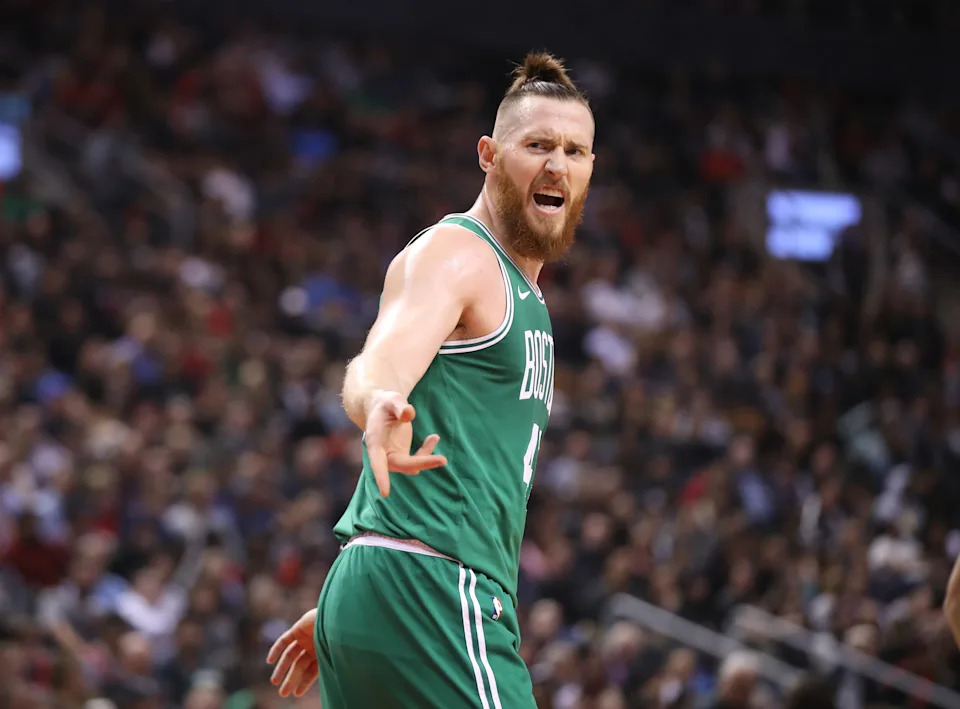 Oct 19, 2018; Toronto, Ontario, CAN; Boston Celtics forward Aron Baynes (46) reacts to a call against the Toronto Raptors at Scotiabank Arena. Mandatory Credit: Tom Szczerbowski-USA TODAY Sports