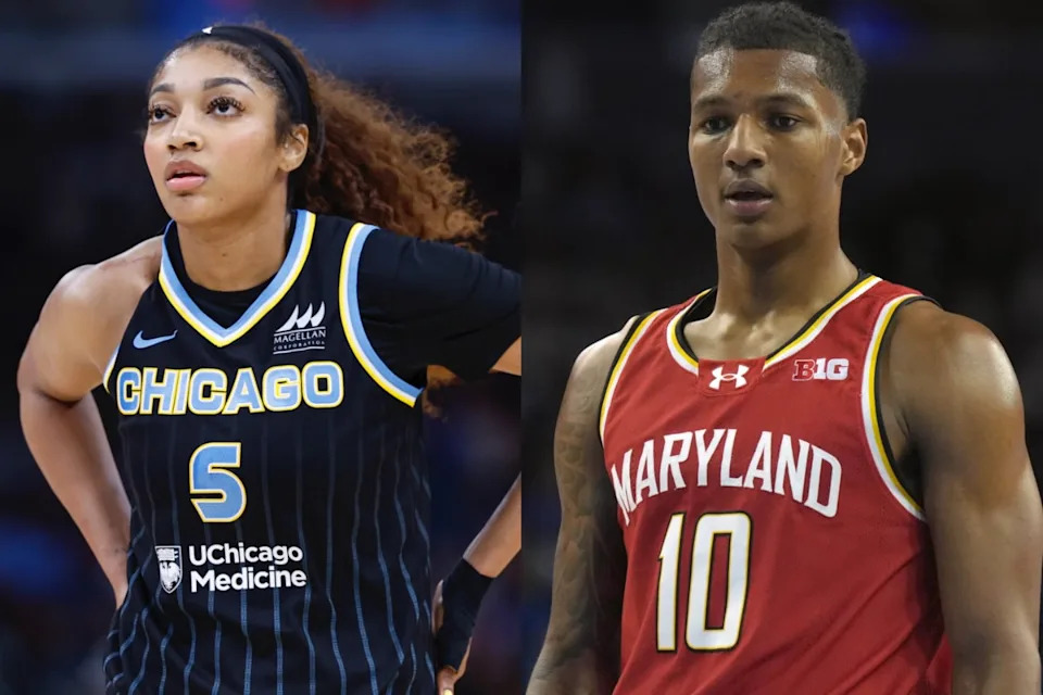Chicago Sky forward Angel Reese and her brother, former Maryland Terrapins forward Julian Reese.© Kamil Krzaczynski-Imagn Images &verbar; © Kirby Lee-Imagn Images