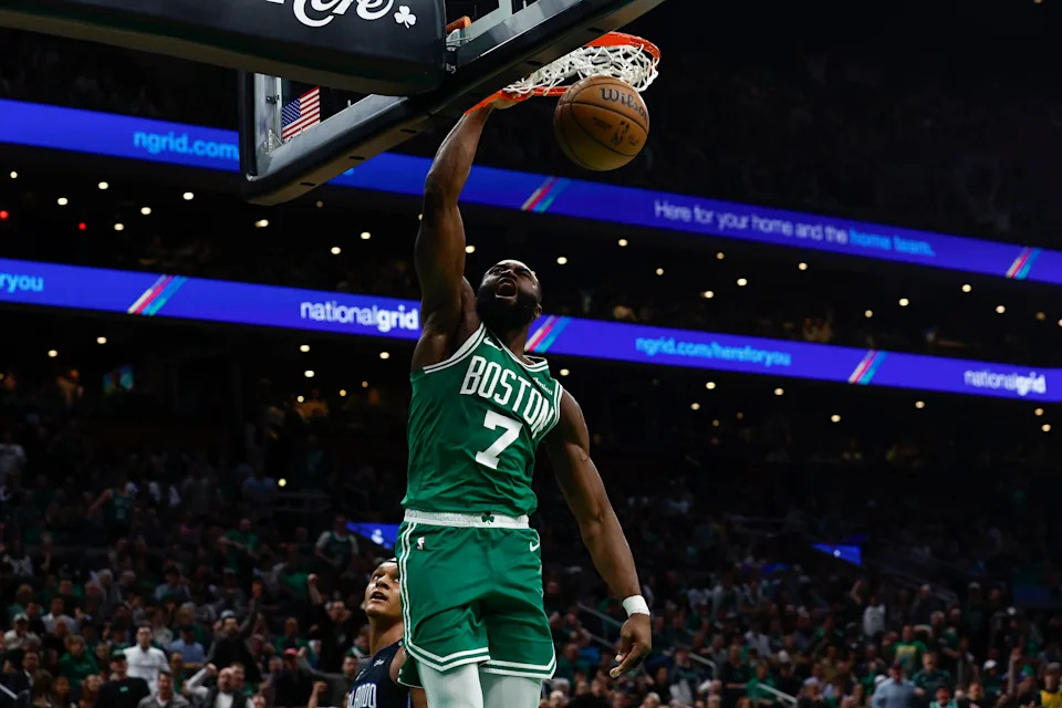 Apr 23, 2025; Boston, Massachusetts, USA; Boston Celtics guard Jaylen Brown (7) dunks against the Orlando Magic during the second half of game two of the first round of the 2024 NBA Playoffs at TD Garden. Mandatory Credit: Winslow Townson-Imagn Images