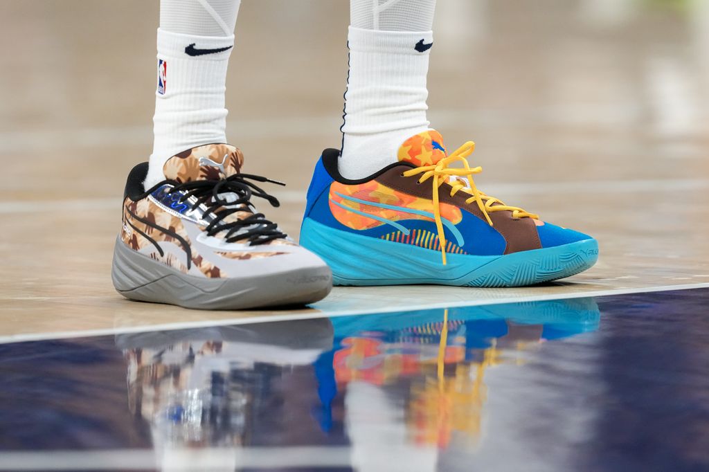 A detail view of the Puma sneakers worn by Tyrese Haliburton of the Indiana Pacers
