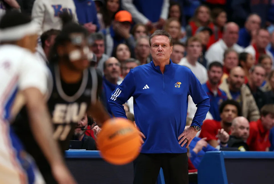 LAWRENCE, KANSAS - NOVEMBER 28: Head coach Bill Self of the Kansas Jayhawks watches from the bench area during the 2nd half of the game against the Eastern Illinois Panthers at Allen Fieldhouse on November 28, 2023 in Lawrence, Kansas. (Photo by Jamie Squire/Getty Images)Jamie Squire/Getty Images