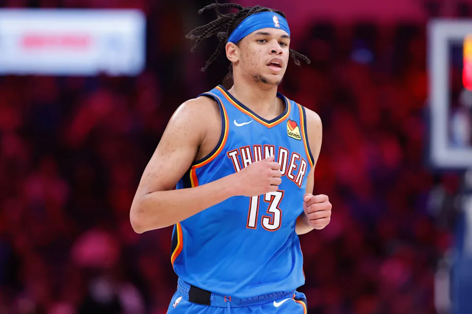 Oklahoma City Thunder forward Ousmane Dieng (13) runs down the court against the Portland Trail Blazers.Mandatory Credit: Alonzo Adams-Imagn Images