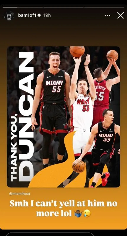 Miami Heat Power Foward Bam Adebayo responds to the departure of Duncan Robinson to the Detroit Pistons.bam1of1/ig