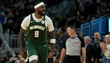 Milwaukee Bucks' Bobby Portis yells to the crowd during the second half of an NBA basketball game against the Minnesota Timberwolves, Tuesday, April 8, 2025, in Milwaukee.