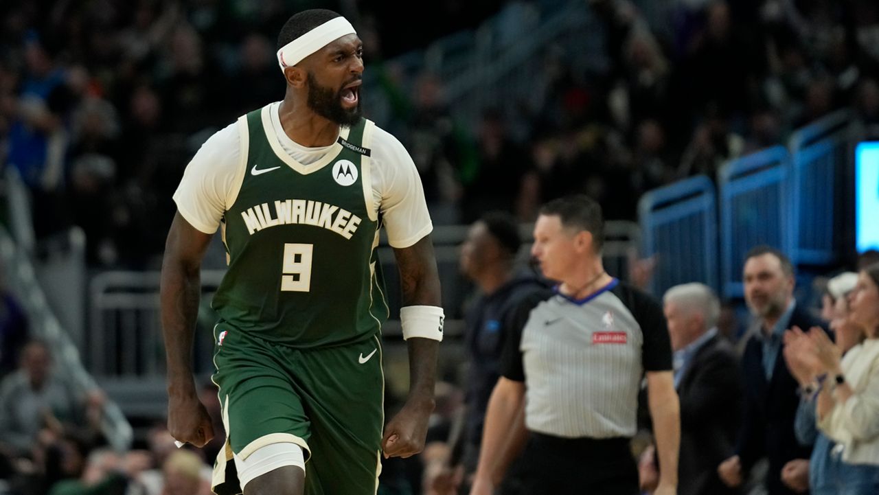Milwaukee Bucks' Bobby Portis yells to the crowd during the second half of an NBA basketball game against the Minnesota Timberwolves, Tuesday, April 8, 2025, in Milwaukee.