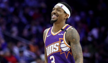 Bradley Beal #3 of the Phoenix Suns smiles during the second half against the Philadelphia 76ers at...