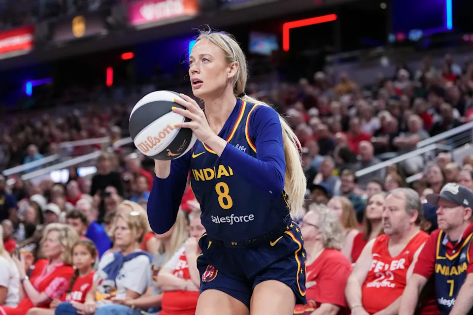 INDIANAPOLIS, INDIANA - JUNE 17: Sophie Cunningham #8 of the Indiana Fever attempts a shot in the second quarter against the Connecticut Sun at Gainbridge Fieldhouse on June 17, 2025 in Indianapolis, Indiana. (Photo by Dylan Buell/Getty Images)Dylan Buell&sol;Getty Images