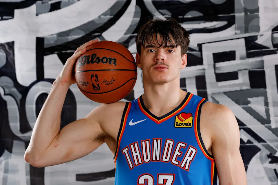 LAS VEGAS, NEVADA - JULY 16: Brooks Barnhizer #23 of the Oklahoma City Thunder poses for a portrait during the 2025 NBA Rookie Photo Shoot at UNLV on July 16, 2025 in Las Vegas, Nevada. NOTE TO USER: User expressly acknowledges and agrees that, by downloading and or using this photograph, User is consenting to the terms and conditions of the Getty Images License Agreement (Photo by Harry How/Getty Images)