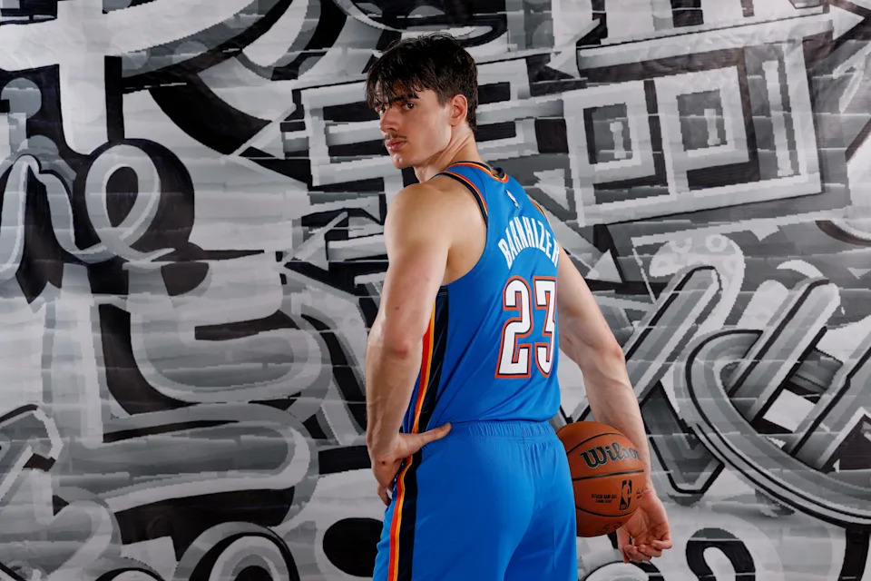 LAS VEGAS, NEVADA - JULY 16: Brooks Barnhizer #23 of the Oklahoma City Thunder poses for a portrait during the 2025 NBA Rookie Photo Shoot at UNLV on July 16, 2025 in Las Vegas, Nevada. NOTE TO USER: User expressly acknowledges and agrees that, by downloading and or using this photograph, User is consenting to the terms and conditions of the Getty Images License Agreement (Photo by Harry How/Getty Images)