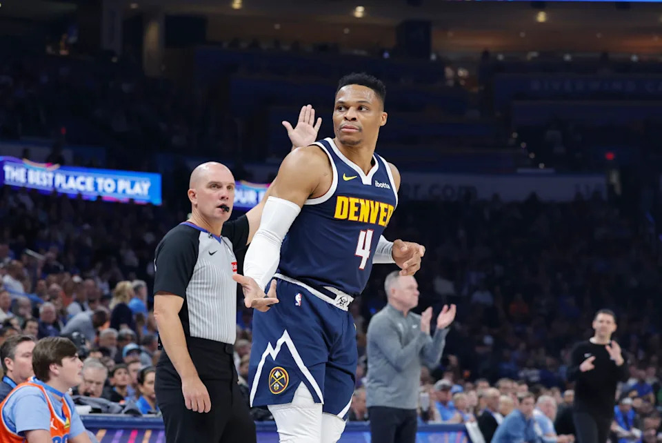 Mar 10, 2025; Oklahoma City, Oklahoma, USA; Denver Nuggets guard Russell Westbrook (4) gestures after a three point basket against the Oklahoma City Thunder during the first quarter at Paycom Center. © Alonzo Adams-Imagn Images