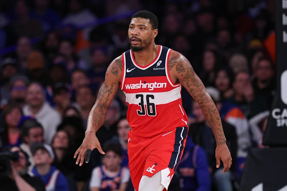New York, New York, USA; Washington Wizards guard Marcus Smart (36) reacts after a basket against the New York Knicks during the second half at Madison Square Garden. Mandatory Credit: Vincent Carchietta-Imagn ImagesMandatory Credit: Vincent Carchietta-Imagn Images