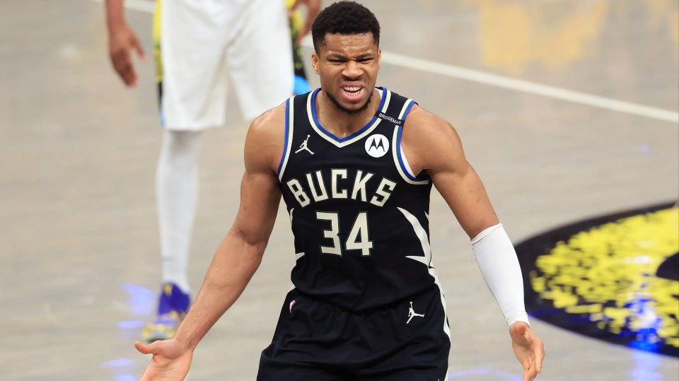 Giannis Antetokounmpo #34 of the Milwaukee Bucks reacts during an NBA Playoffs game.
