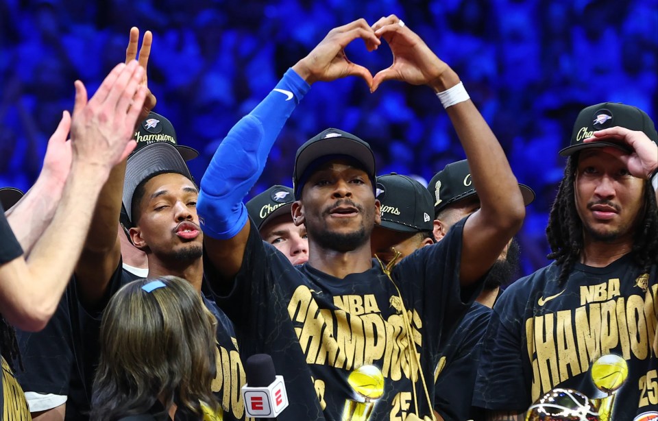 Oklahoma City Thunder players celebrating their NBA Finals victory.