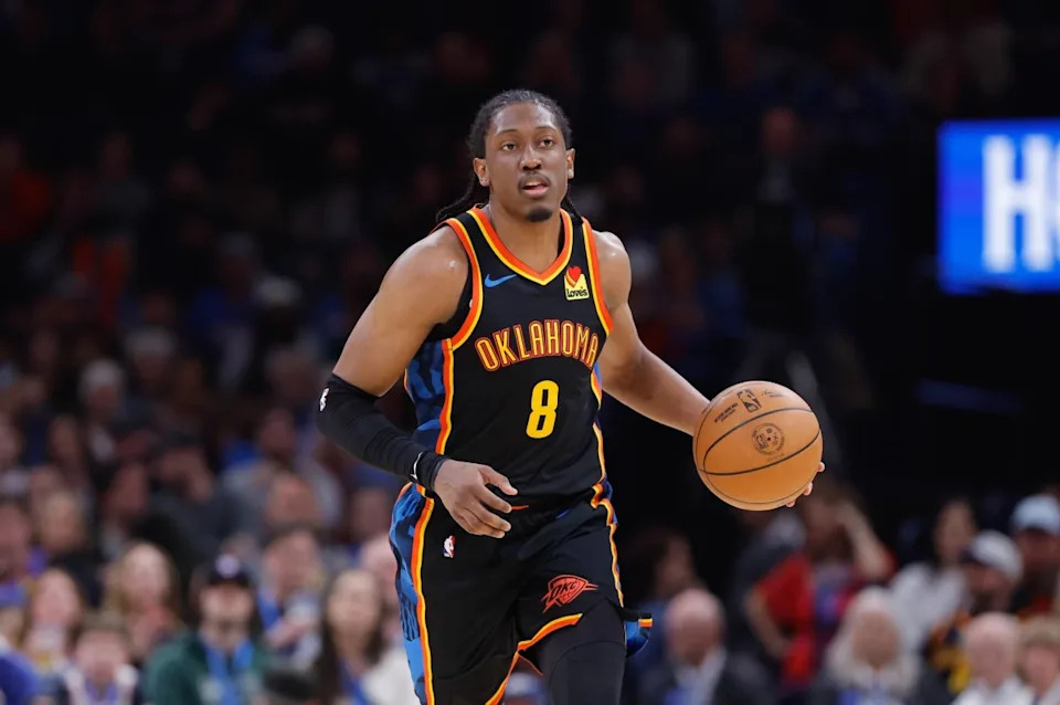 Oklahoma City, Oklahoma, USA; Oklahoma City Thunder forward Jalen Williams (8) dribbles down the court against the Denver Nuggets during the second half at Paycom Center. Mandatory Credit: Alonzo Adams-Imagn ImagesMandatory Credit: Alonzo Adams-Imagn Images