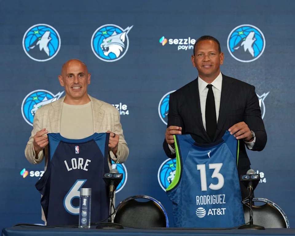 The Timberwolves introduce Marc Lore (L) and Alex Rodriguez as the new owners during a Press Conference at the 2025 NBA Summer League game on July 10, 2025 at the Thomas & Mack Center in Las Vegas, Nevada. NBAE via Getty Images