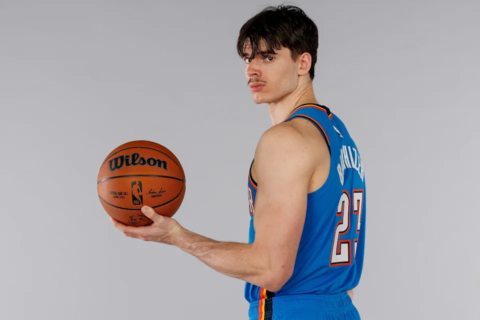 LAS VEGAS, NEVADA - JULY 16: Brooks Barnhizer #23 of the Oklahoma City Thunder poses for a portrait during the 2025 NBA Rookie Photo Shoot at UNLV on July 16, 2025 in Las Vegas, Nevada. NOTE TO USER: User expressly acknowledges and agrees that, by downloading and or using this photograph, User is consenting to the terms and conditions of the Getty Images License Agreement (Photo by Harry How/Getty Images)
