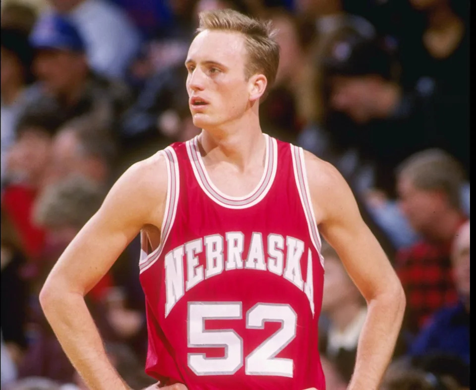 Forward Eric Piatkowski of the Nebraska Cornhuskers stands on the court during a game against the Kansas Jayhawks at the Allen Fieldhouse in Lawrence, Kansas.