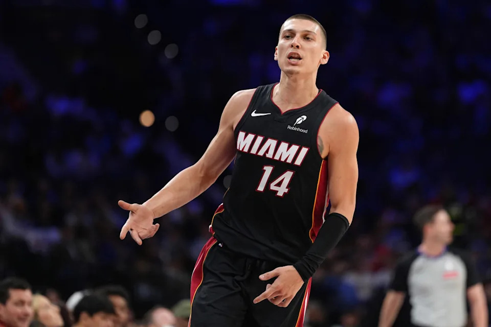 Miami Heat guard Tyler Herro reacts after scoring against the Philadelphia 76ers at Wells Fargo Center.Kyle Ross-Imagn Images