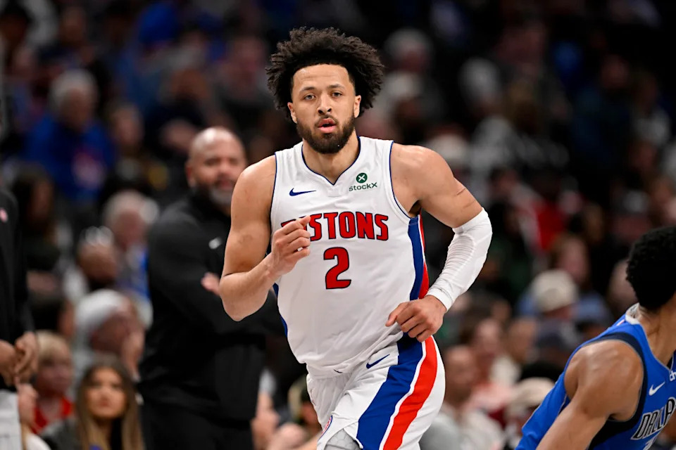 Detroit Pistons guard Cade Cunningham (2) runs back up the court against the Dallas Mavericks during the second half at the American Airlines Center.© Jerome Miron-Imagn Images