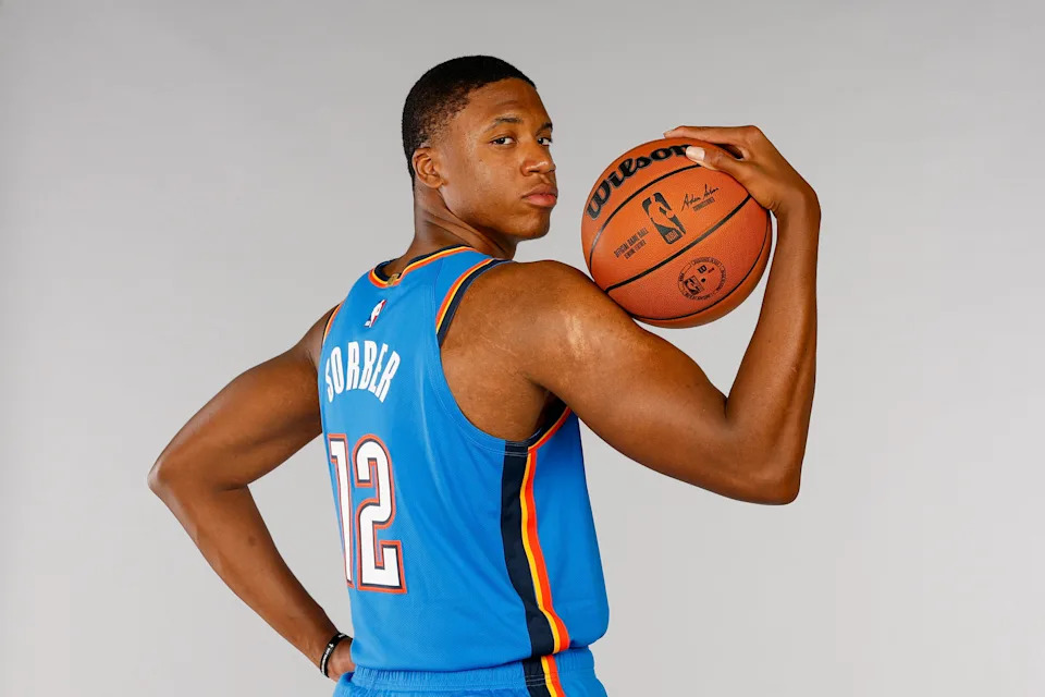 LAS VEGAS, NEVADA - JULY 16: Thomas Sorber #12 of the Oklahoma City Thunder poses for a portrait during the 2025 NBA Rookie Photo Shoot at UNLV on July 16, 2025 in Las Vegas, Nevada. NOTE TO USER: User expressly acknowledges and agrees that, by downloading and or using this photograph, User is consenting to the terms and conditions of the Getty Images License Agreement (Photo by Harry How/Getty Images)