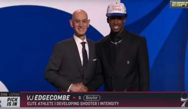 VJ Edgecombe shakes hands with NBA Commissioner Adam Silver after being drafted